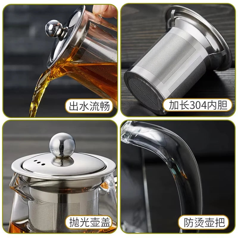 Glass Teapot Heat-Resistant Flower High Borosilicate Fair Pot Stainless Steel Bubble Teapot with Filter Heat-Resistant Glass Pot